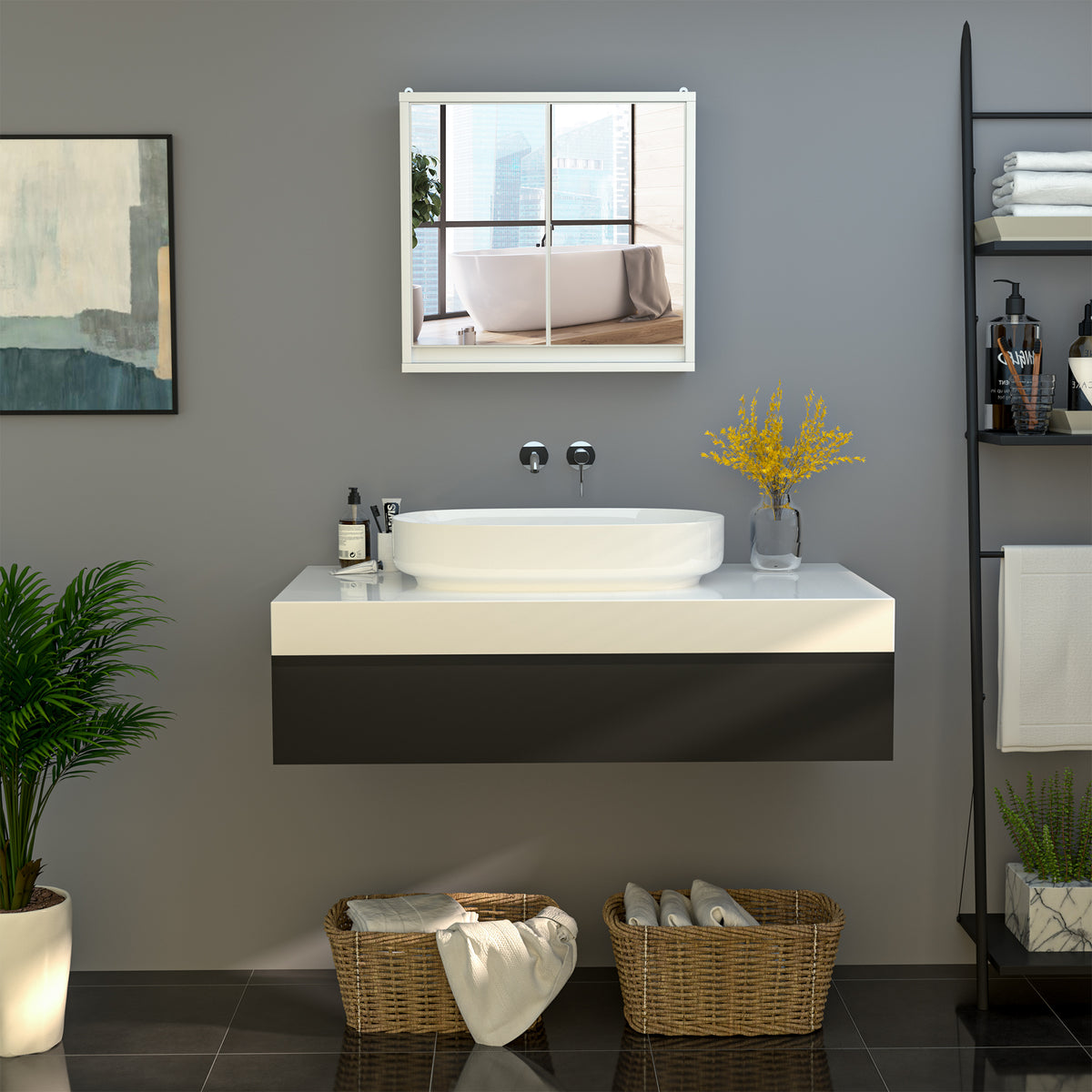 Armoire Murale Miroir Salle de Bain 2 étagères dim. 48L x 14l x 45H cm Panneaux Particules MDF Blanc-7