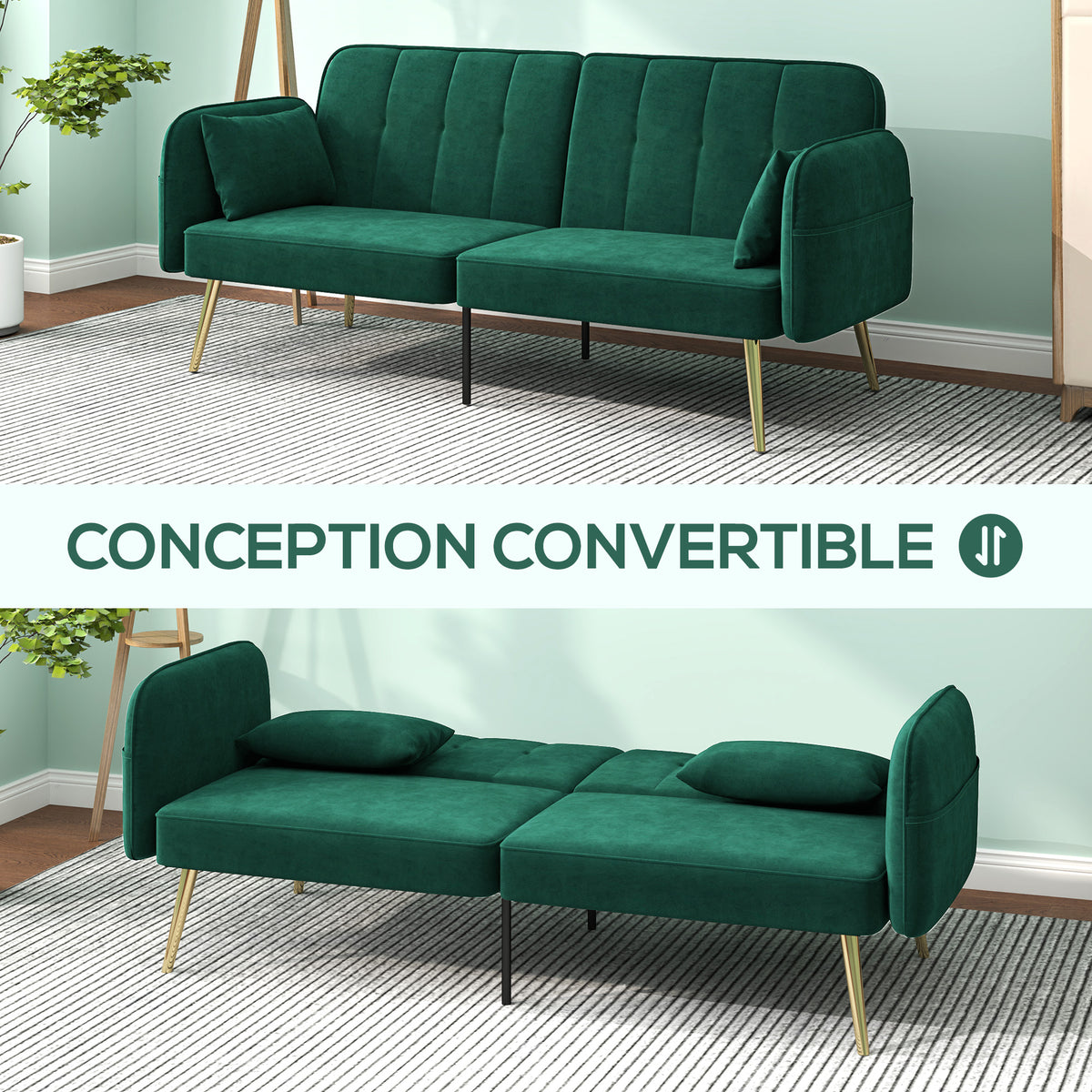 Canapé convertible 2 places canapé-lit canapé clic-clac en tissu velours avec dossier réglable, vert foncé-3