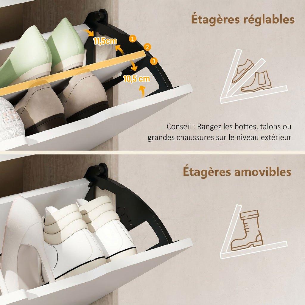Meuble à chaussures 12 paires, armoire à chaussures étroite, 3 tiroirs rabattables, chêneet blanc-4