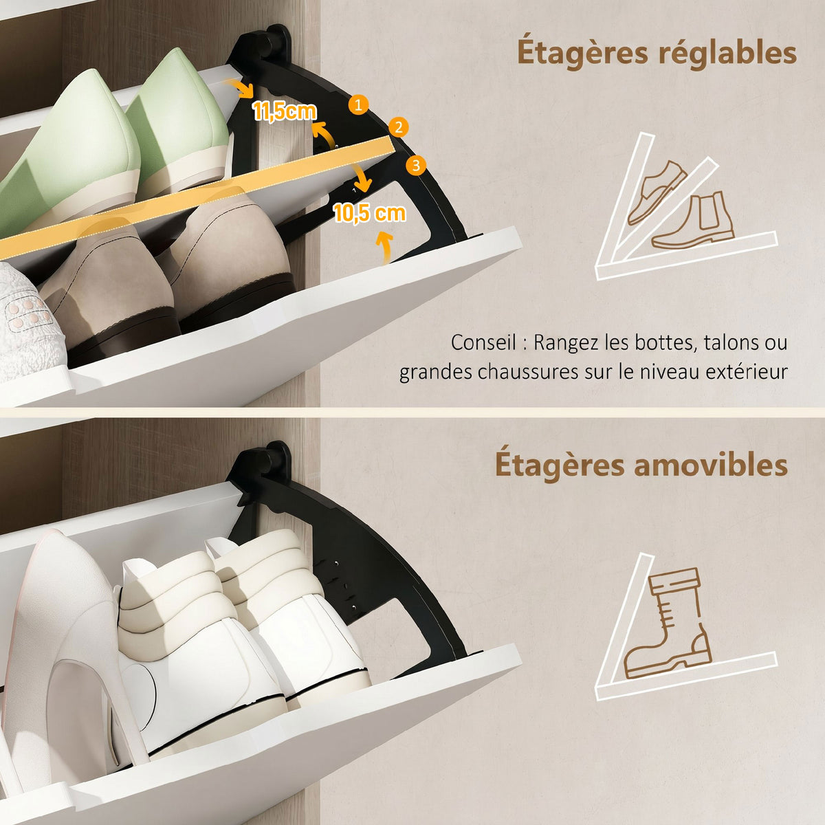 Meuble à chaussures 12 paires, armoire à chaussures étroite, 3 tiroirs rabattables, chêneet blanc-4