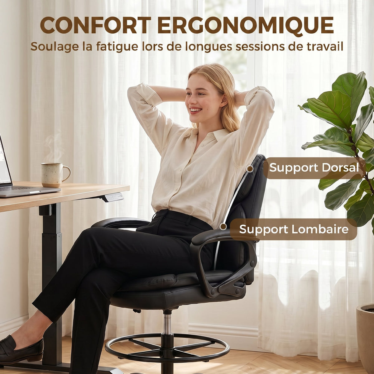 Chaise bureau ergonomique, chaise de dessin réglable en hauteur, repose-pieds réglable, 61 x 61 x 108 cm, noir-6