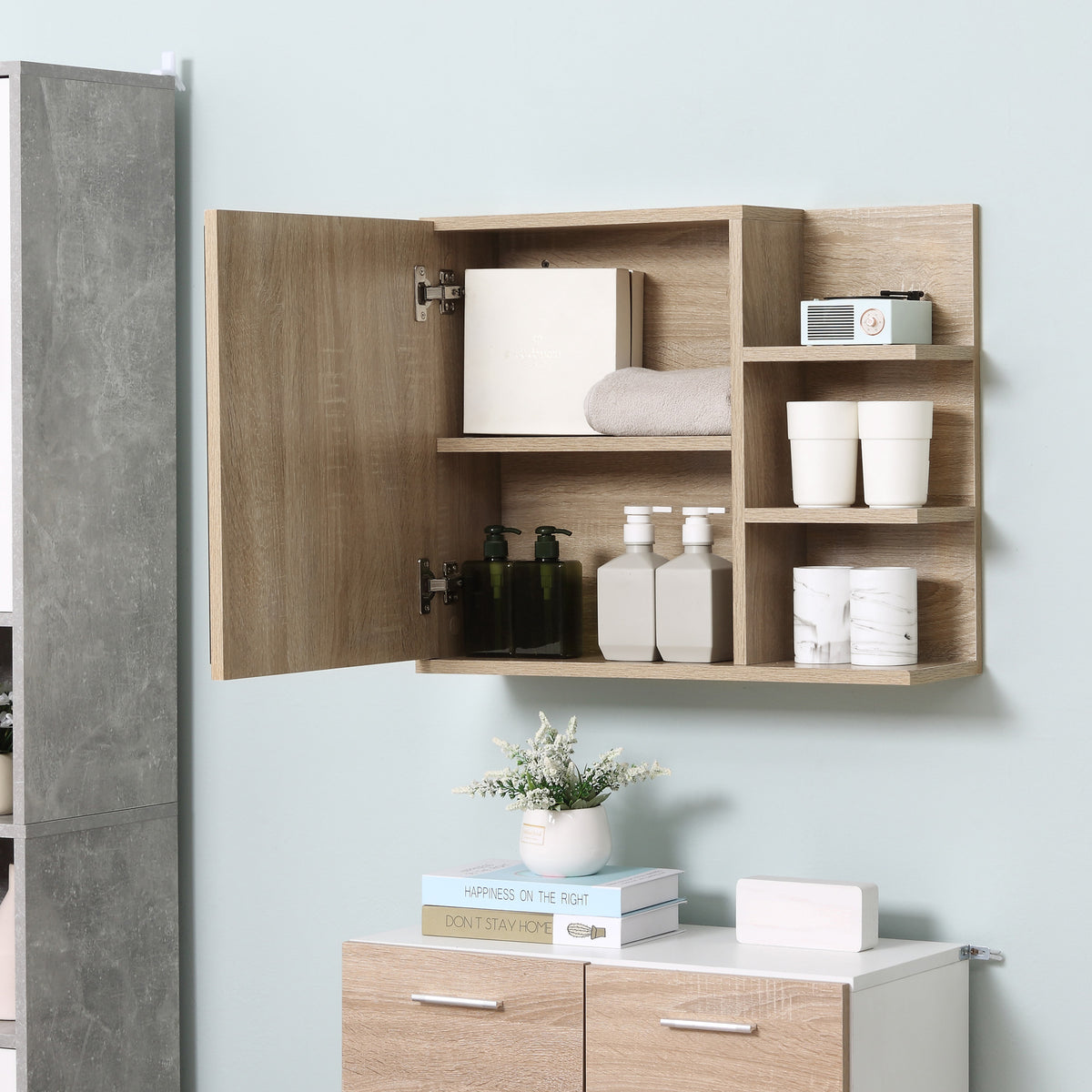 Armoire Miroir de Salle de Bain avec étagère - 3 étagères latérales - kit Installation Murale fourni - Panneaux Particules Aspect chêne Clair-8