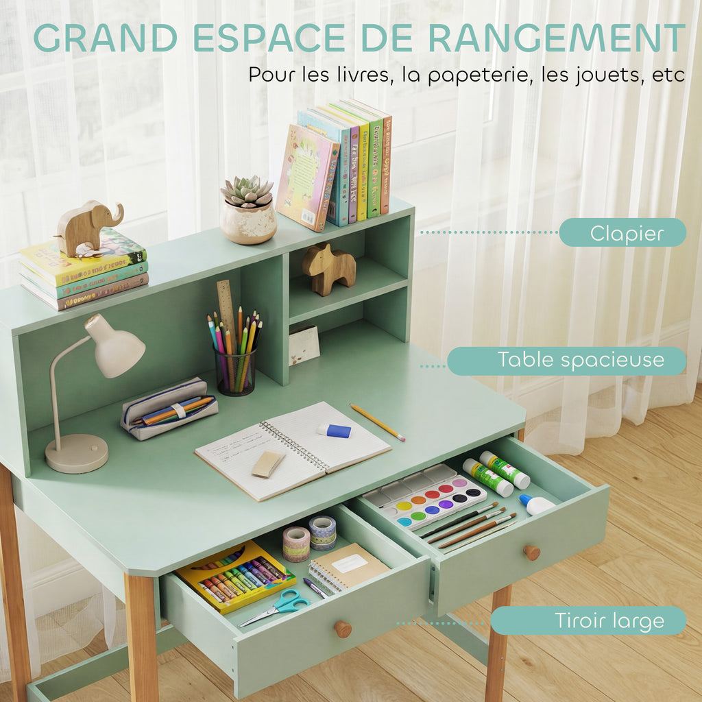 Bureau enfant en bois, bureau avec rangement, 2 tiroirs et 3 compartiments ouverts, plateau large, 90x52x105cm, vert-3