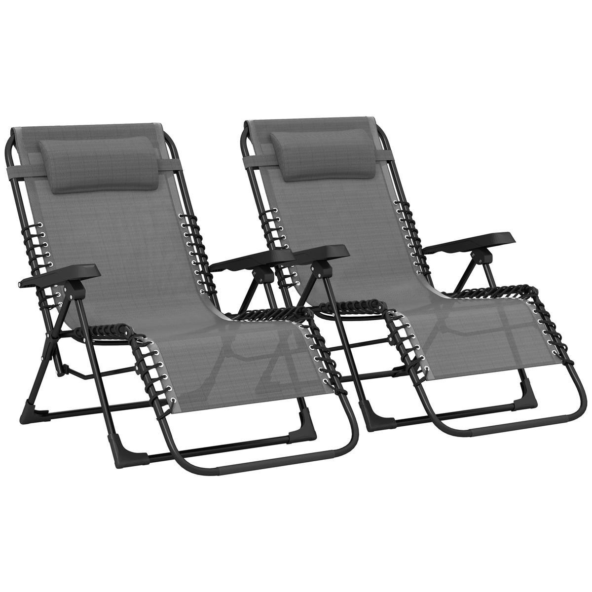 Lot de 2 bain de soleil, chaise longue pliante inclinable avec appuie-tête en textilène, 90 x 65 x 112 cm, gris-0