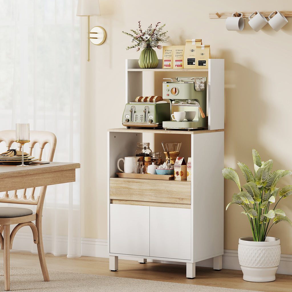 Meuble micro onde, buffet cuisine avec placard tiroir étagère supérieur, 60 x 40 x 131 cm chêne et blanc-1