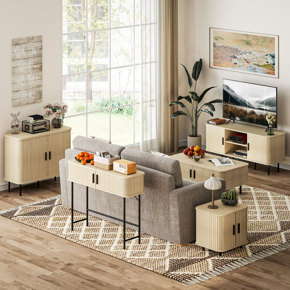 Buffet meuble de rangement avec portes coulissantes à lattes, armoire de cuisine avec pieds en acier, ton chêne-7