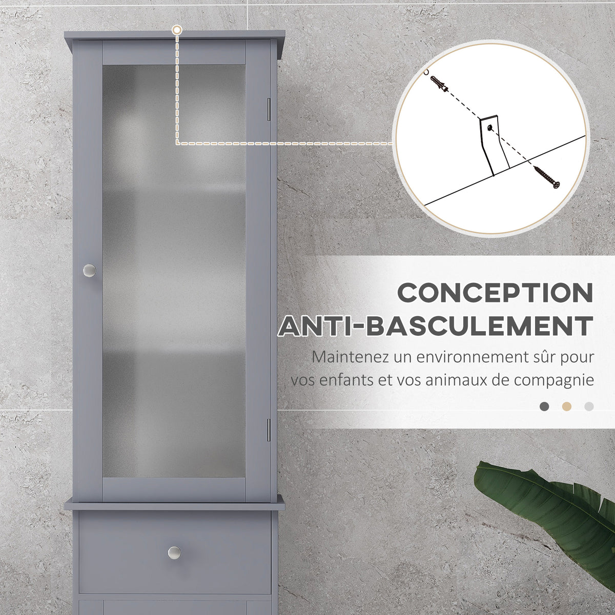Meuble Colonne de Salle de Bain Placard Porte Acrylique 2 étagères Placard Porte 1 étagère tiroir MDF Gris-6