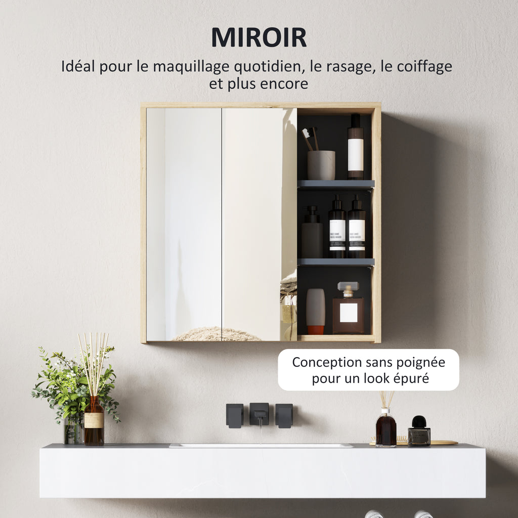 Armoire de salle de bain avec miroir armoire de toilette miroir mural 3 étagères ouverts 60 x 20 x 60 cm bois naturel-4