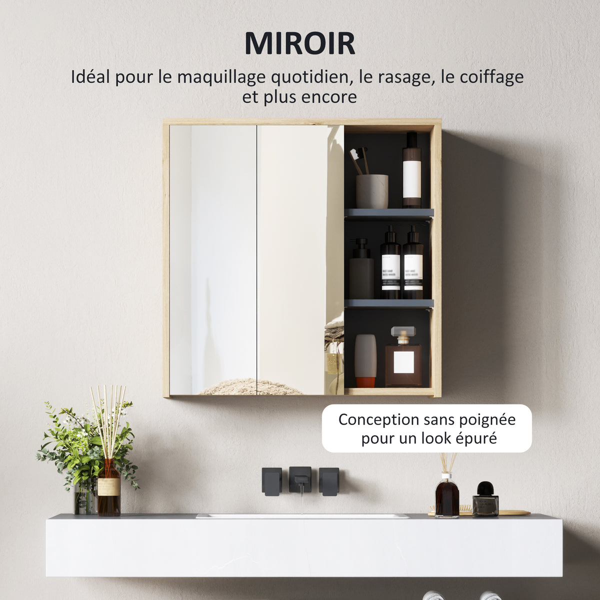 Armoire de salle de bain avec miroir armoire de toilette miroir mural 3 étagères ouverts 60 x 20 x 60 cm bois naturel-4
