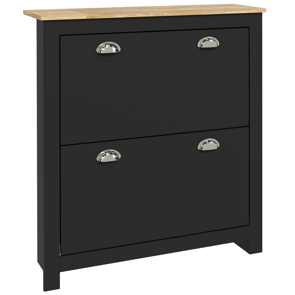 Armoire à chaussures 2 portes abattantes 2 compartiments poignées coquilles métal 79 x 23 x 90,5 cm noir chêne-0