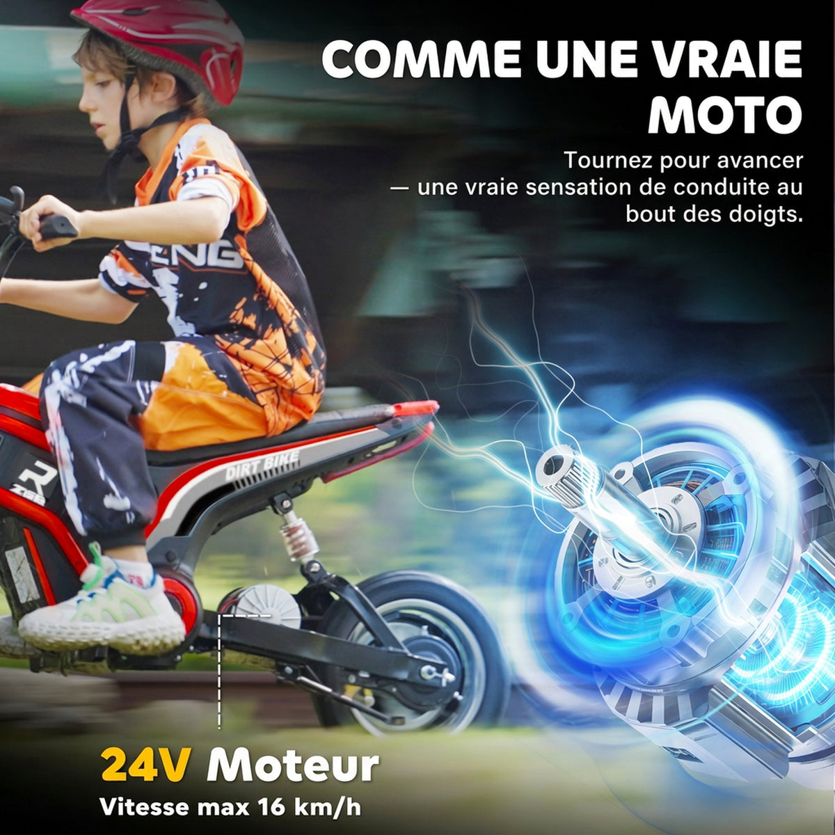 Moto cross électrique enfant moto électrique enfants moteur 350 W batterie 12V 8-16 km/h pneus gonflables 12'' rouge-4