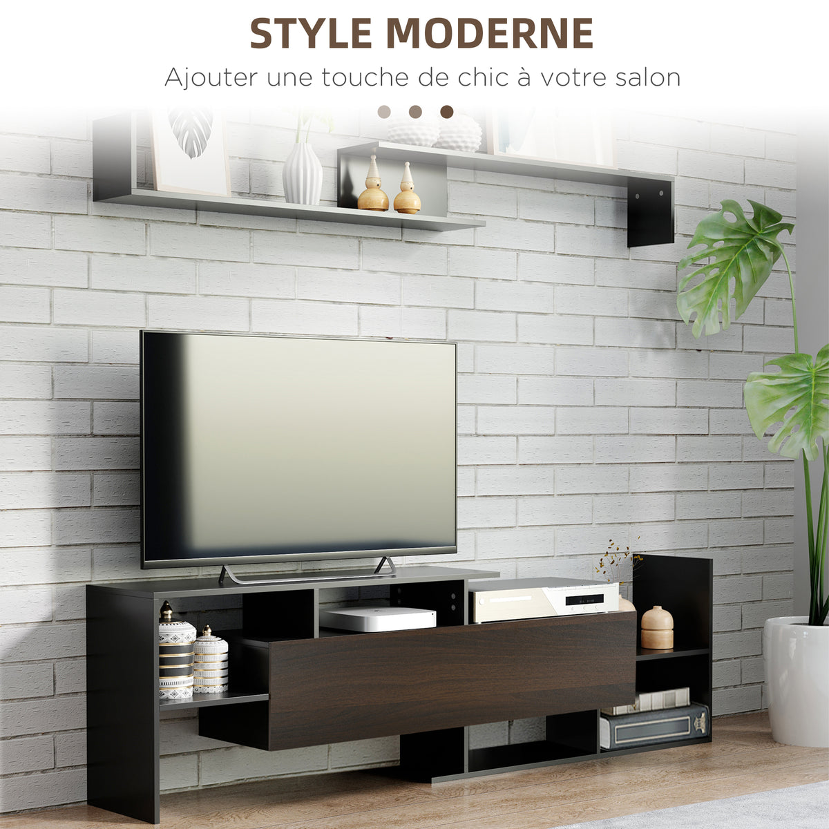 Ensemble meuble TV avec banc et étagère murale style contemporain 153,6L cm - noir-3