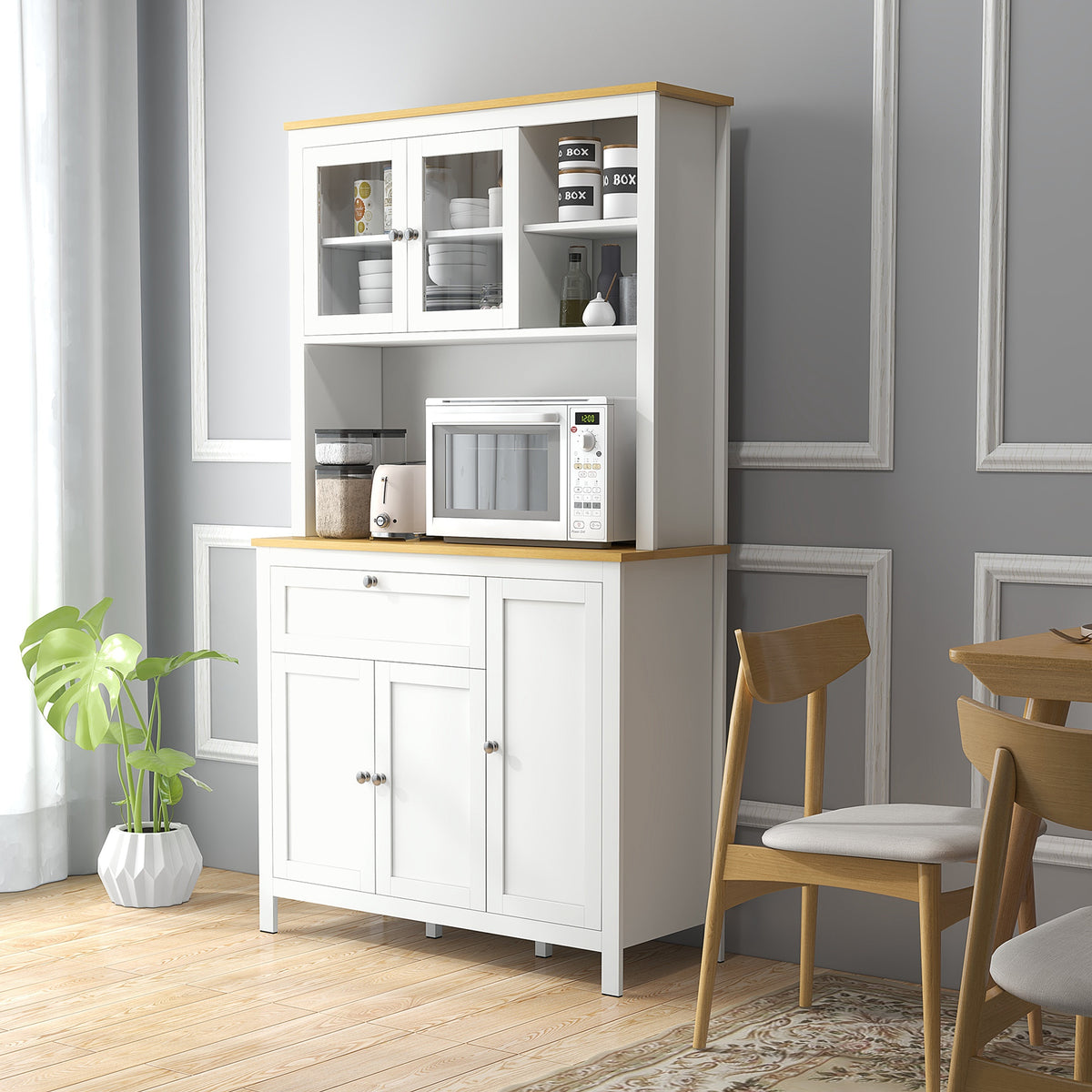 Buffet de cuisine haut 5 portes dont 2 portes vitrées et 1 tiroir, 1 niche centrale - hauteur 180 cm blanc-9