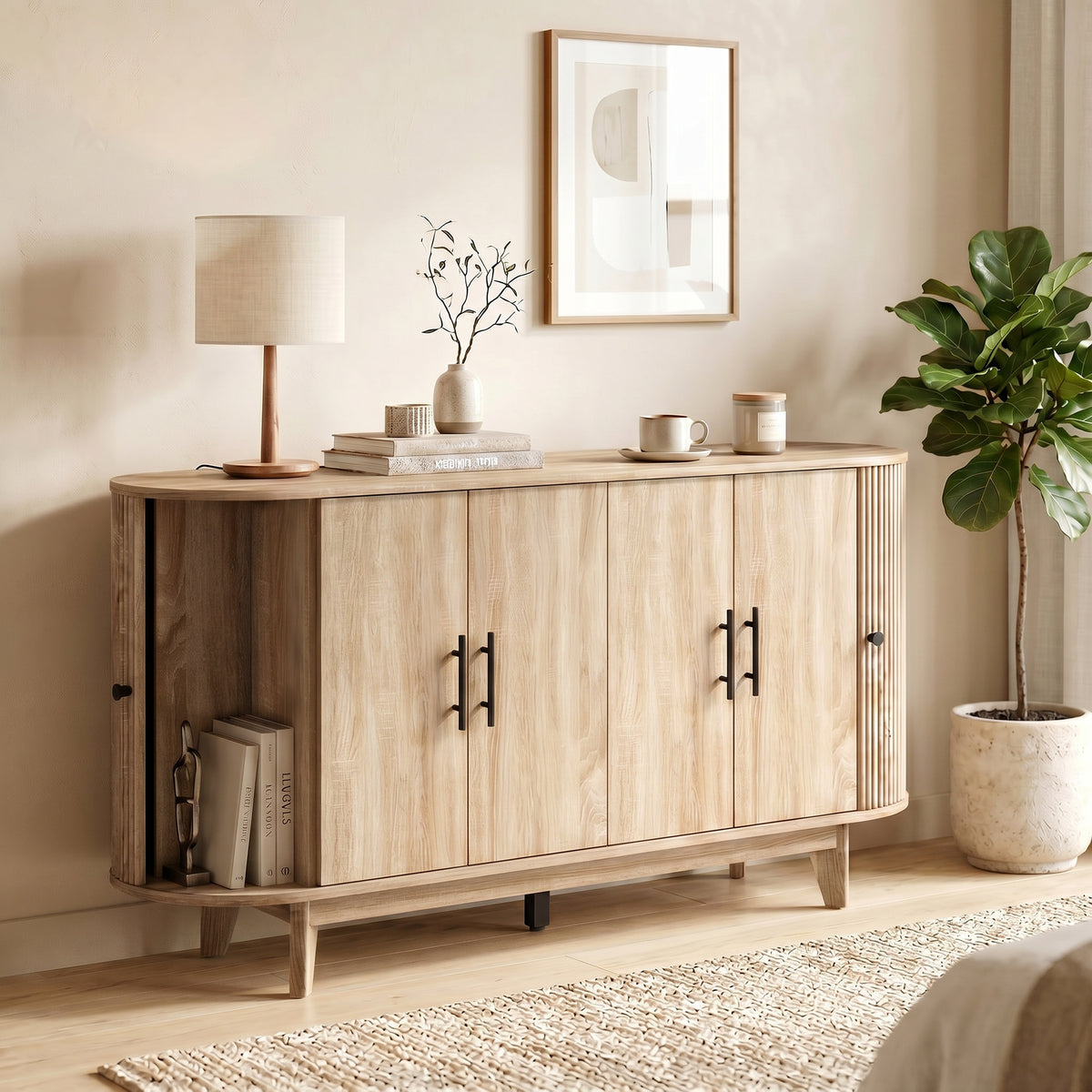 Buffet salon, meuble de rangement ovale avec 6 portes et 2 étagères réglables, 147x40x76cm, chêne-1