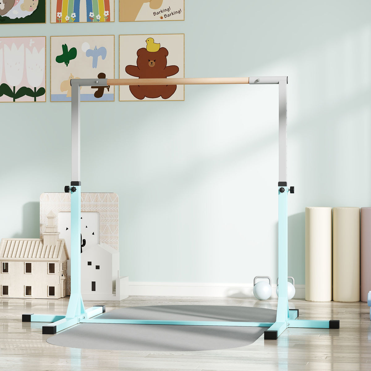 Barre fixe de gymnastique pour enfant, hauteur réglable 13 niveaux de 92-150 cm, en acier et bois en hêtre, cyan-8