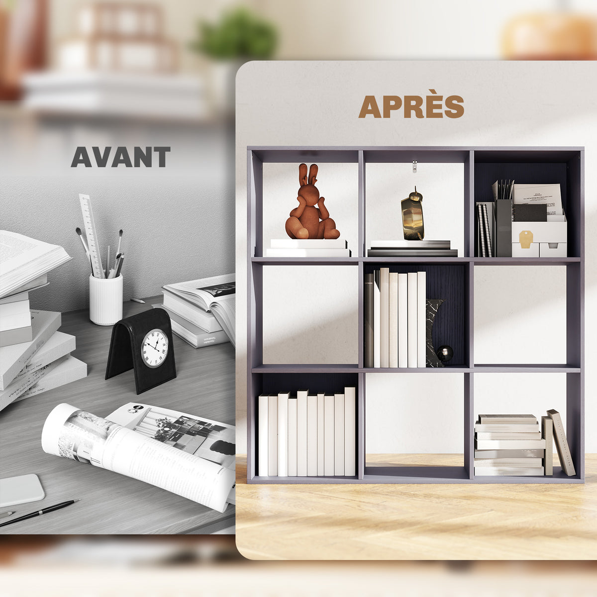 Bibliothèque, étagère de rangement à 3 niveaux avec 9 compartiments, pour salon, bureau, chambre, 91x29,5x91cm, gris-6