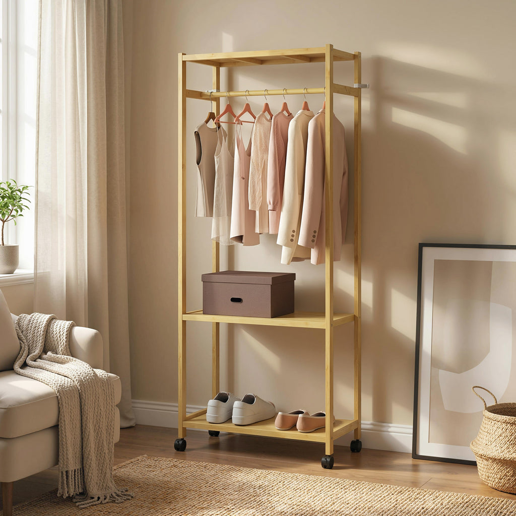 Portant à vêtements à roulettes, porte-manteau en bambou avec 2 étagères et tringle suspendue, 70x35x175cm, bois naturel-8