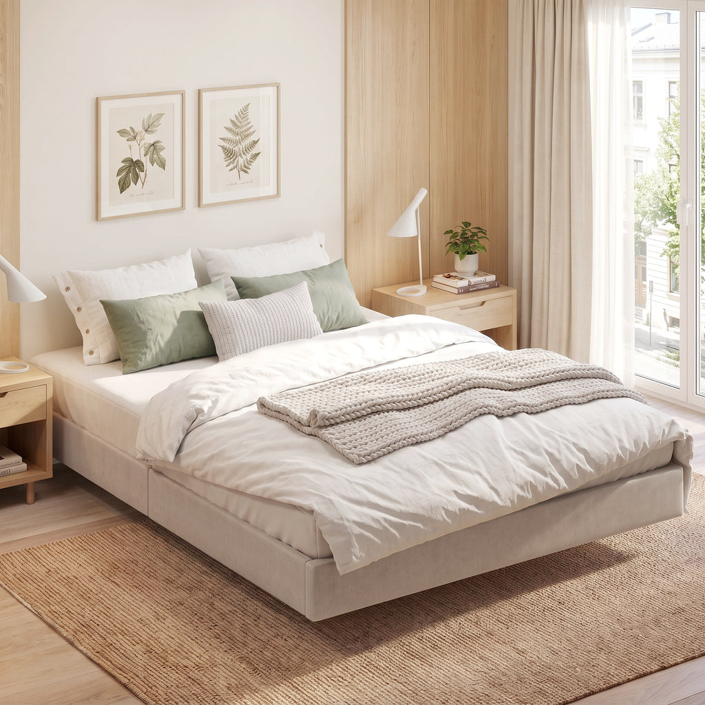 Lit Flottant 160 x 200 cm avec Éclairage LED Intelligent, Cadre de Lit Double Rembourré en Lin, Montage Facile, Beige-9