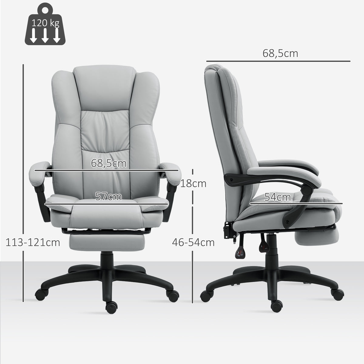 Fauteuil de bureau massant, chaise de bureau avec hauteur réglable, dossier inclinable et télécommande filaire, gris-2