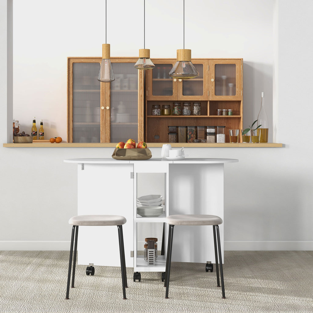 Table à manger pliante sur roulettes, table de cuisine pour 4 personnes, 2 abattants et 2 étagères, 120x60x77cm, blanc-7