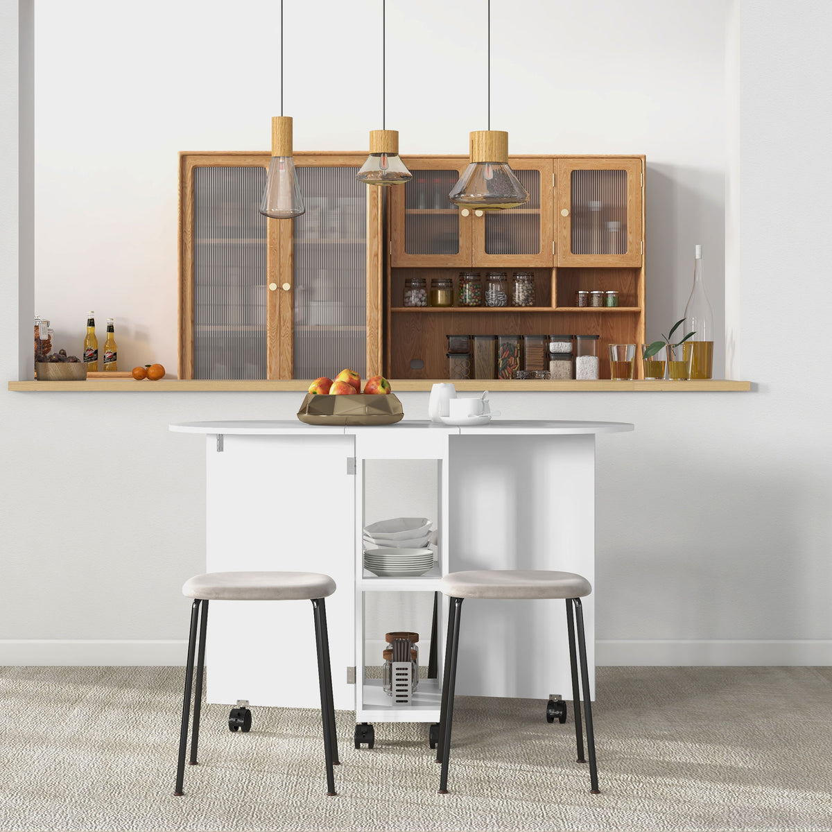 Table à manger pliante sur roulettes, table de cuisine pour 4 personnes, 2 abattants et 2 étagères, 120x60x77cm, blanc-7