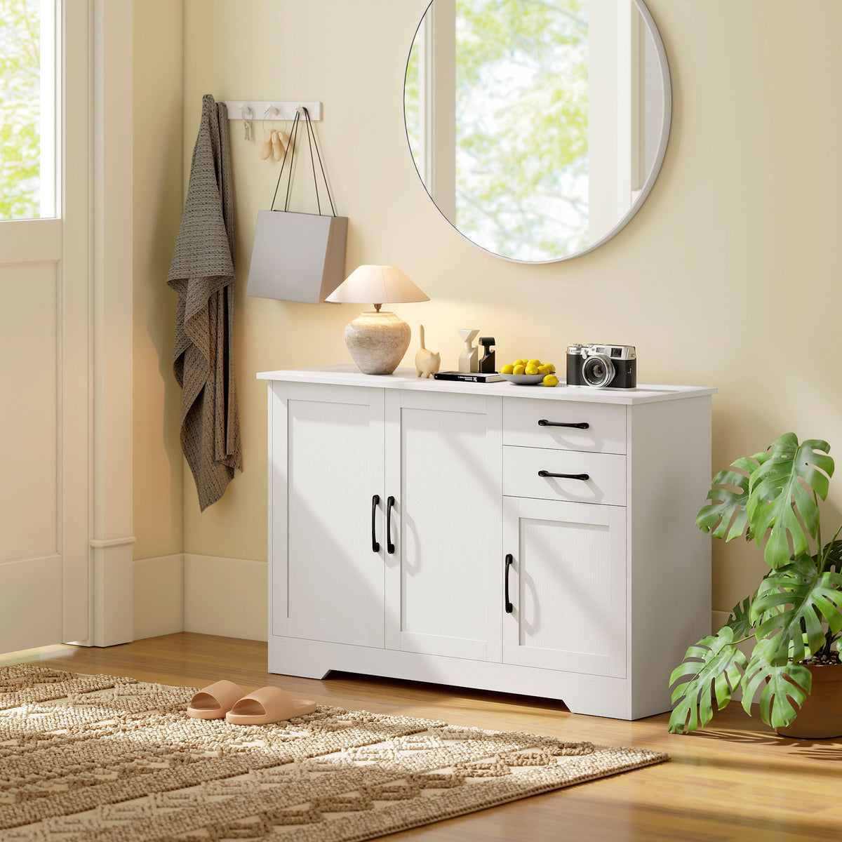 Buffet, meuble de rangement avec 3 portes, 2 tiroirs et étagère réglable, 120 x 38 x 79 cm, blanc-8