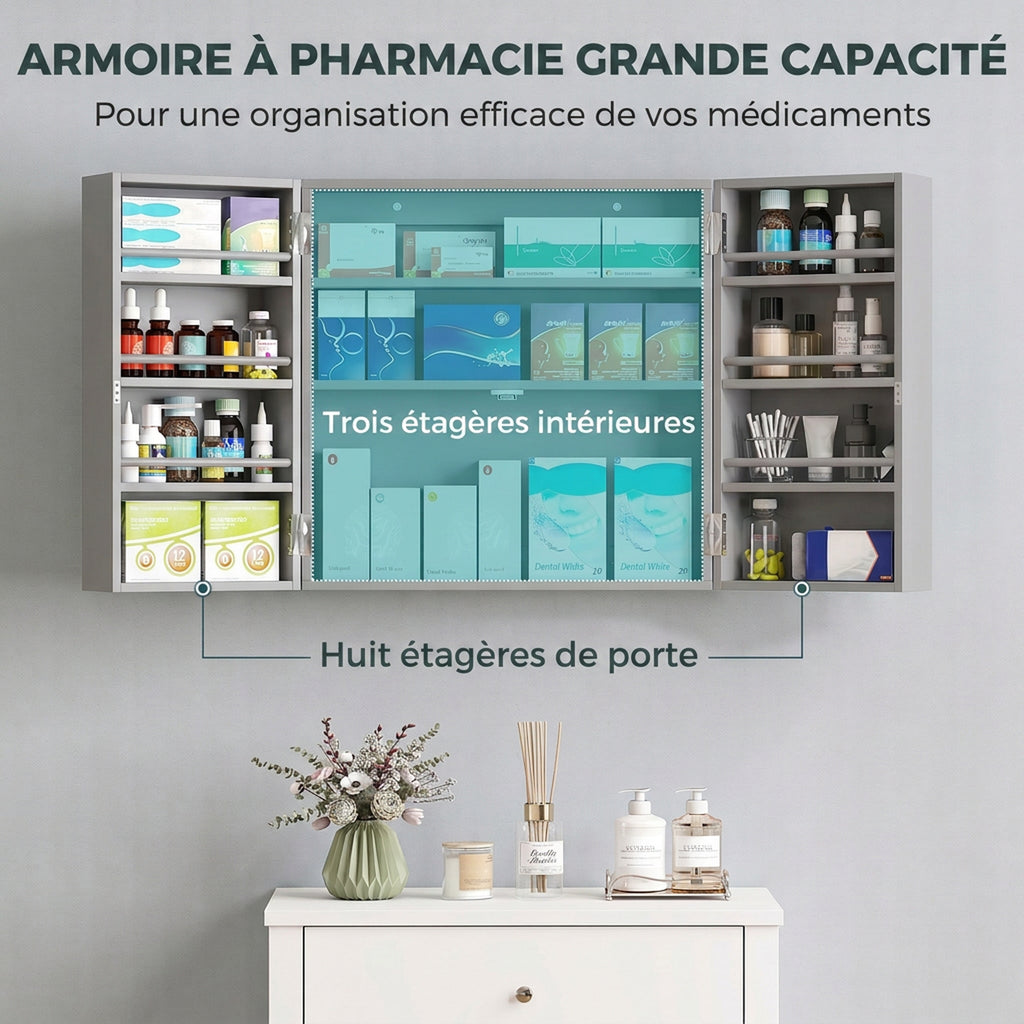 Armoire à pharmacie murale, armoire à médicaments avec double porte verrouillable 2 clés, 53x20x53cm, gris-3