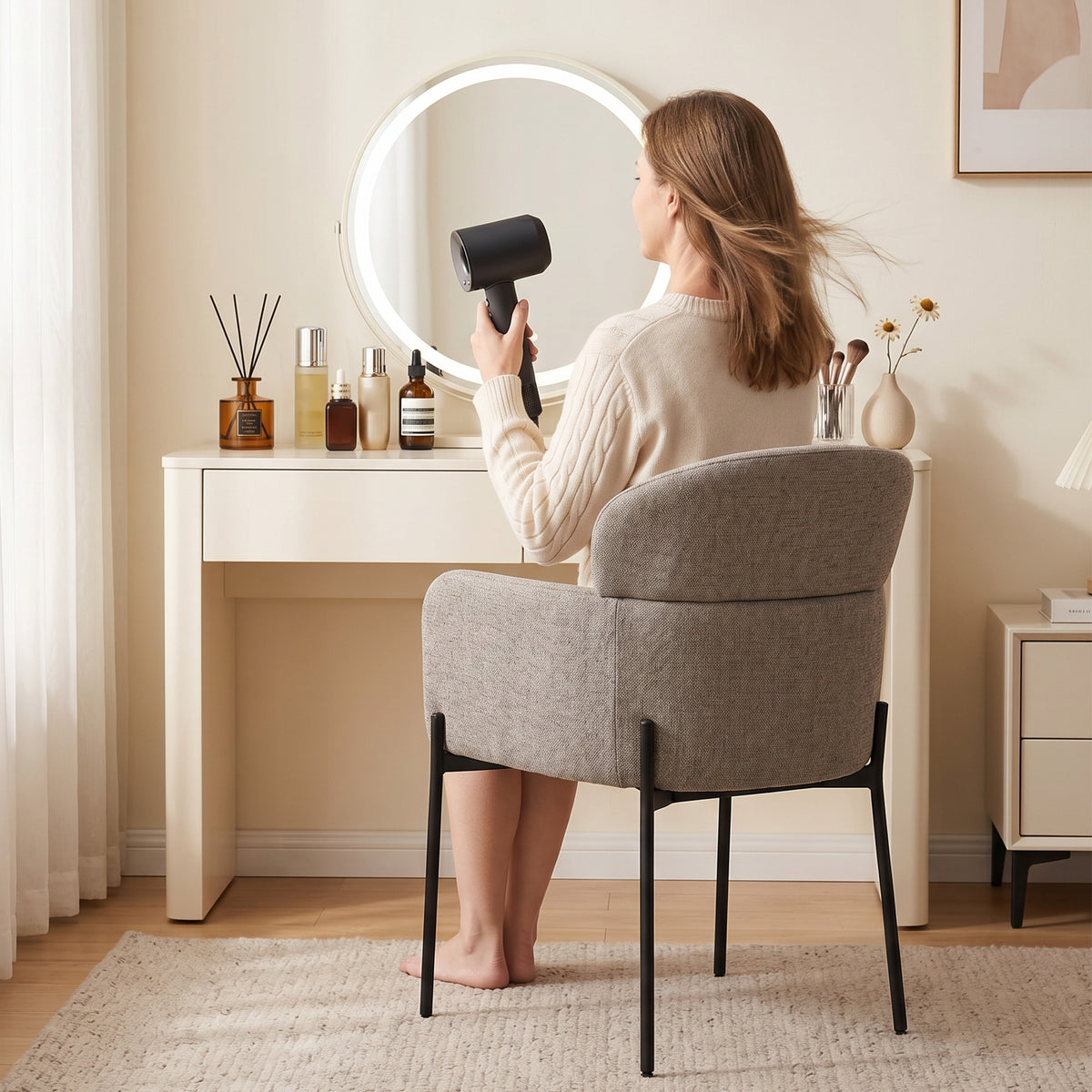 Fauteuil Salon, Fauteuil d'Appoint Rembourré en Chenille avec Dossier Courbé et Accoudoirs, Pieds en Métal, Marron Clair-7