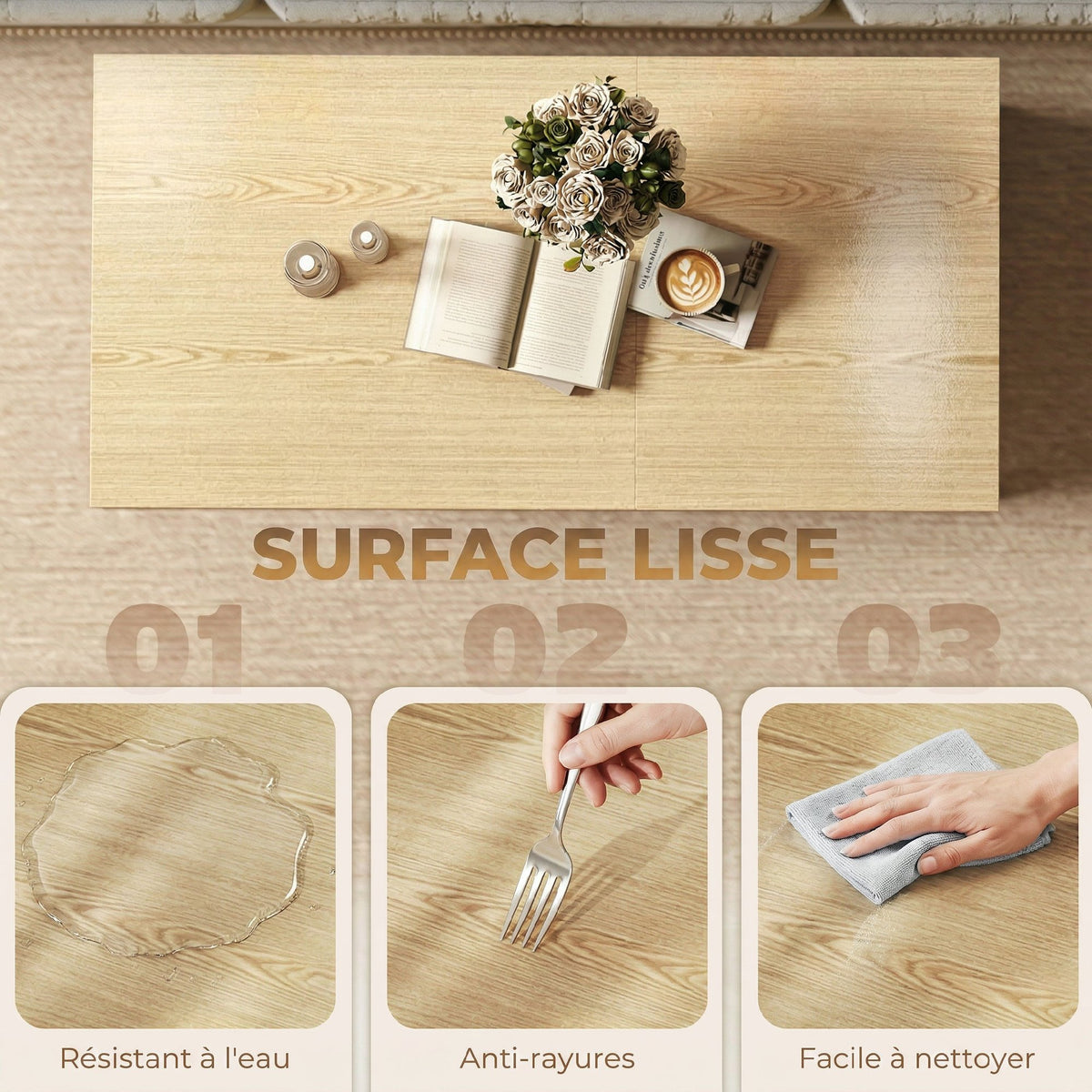 Table basse relevable avec double plateau, table de salon avec compartiment caché et pieds en métal, bois naturel-6