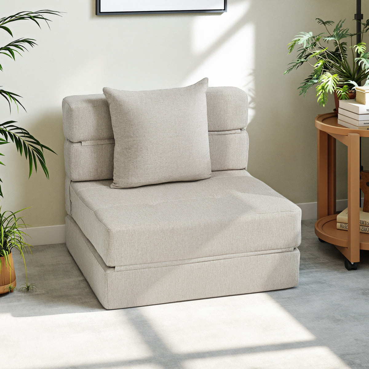 Chauffeuse canapé-lit convertible fauteuil 1 place avec 1 coussin déhoussable, tissu beige-1