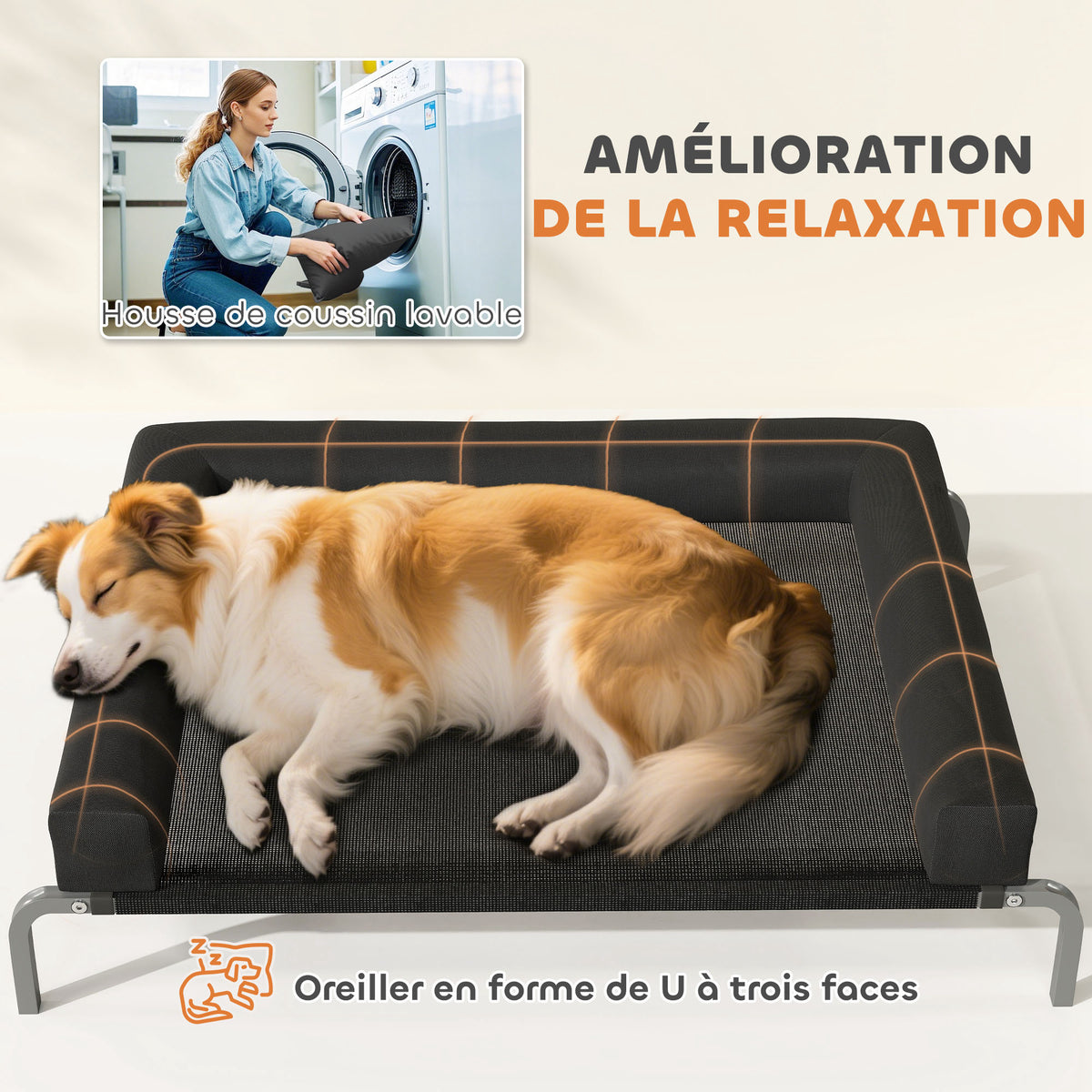 Lit surélevé pour chien rafraichissant, lit de camp pour chiens intérieur extérieur portable, 110 x 75 x 30 cm, noir-4