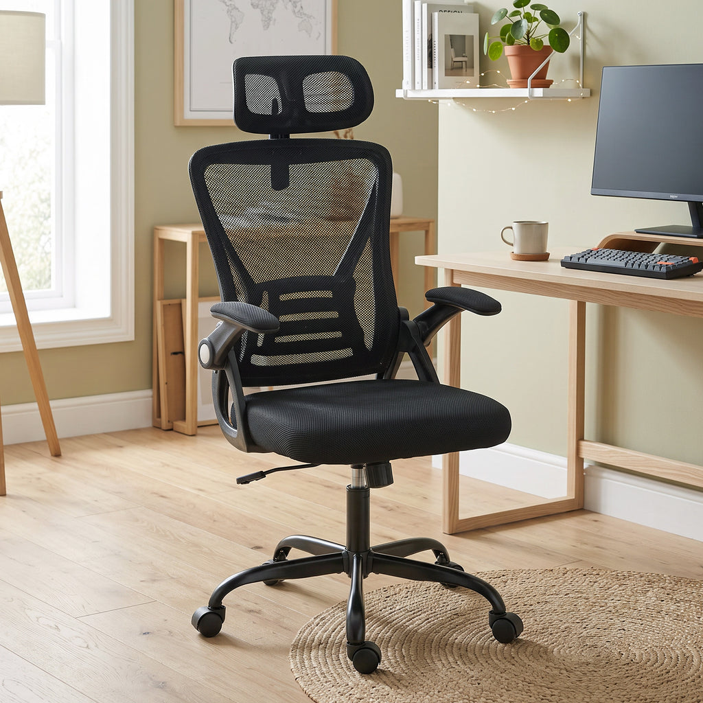 Chaise Bureau Ergonomique, Accoudoirs Relevables, Appui-tête, Fonction Basculante, Hauteur Réglable, 59x62x125cm, Noir-1