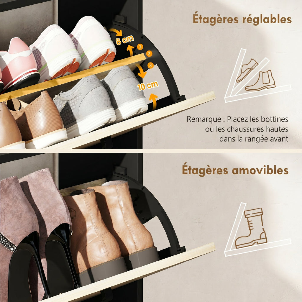 Meuble à chaussures 15 paires, armoire à chaussures moderne avec 2 tiroirs rabattables, 83x24x90,5cm, noir-4