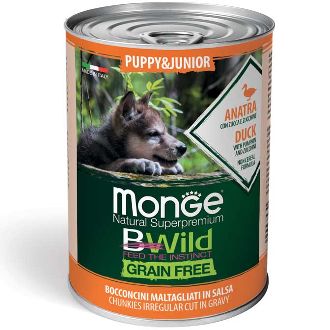 *MONGE BWILD DOG PUPPY & JUNIOR ANATRA, ZUCCA, ZUCCHINE 400 GR.