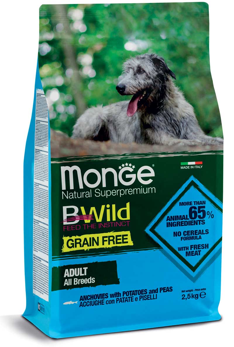 MONGE BWILD DOG GRAIN FREE ADULT ACCIUGHE, PATATE & PISELLI 2,5 KG.