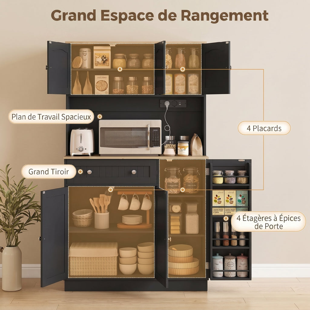 Buffet haut cuisine, armoire de cuisine, station de charge, 6 portes, plan de travail, porte-épices, 100x40x173cm, noir-3