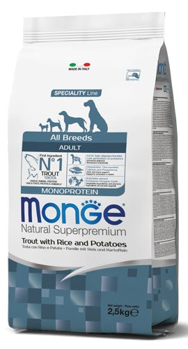 MONGE SPECIALITY LINE ADULT ALL BREEDS TROTA, RISO & PATATE 2,5 KG.