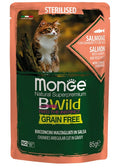 MONGE BWILD CAT GRAIN FREE STERILISED BOCCONCINI SALMONE, GAMBERETTI & ORTAGGI 85 GR.