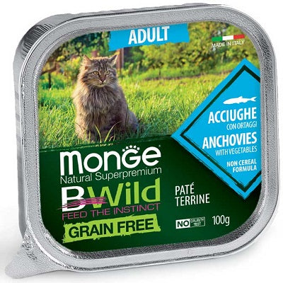 MONGE BWILD CAT GRAIN FREE ADULT PATE' ACCIUGHE & ORTAGGI 100 GR.
