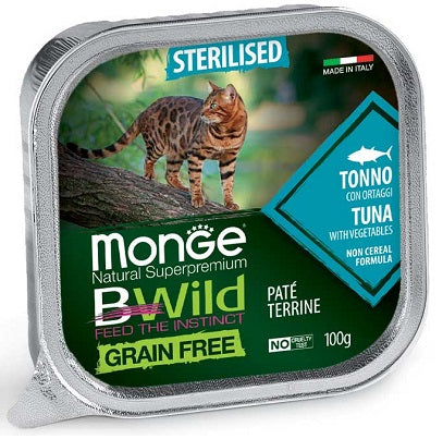 MONGE BWILD CAT GRAIN FREE STERILISED PATE' TONNO & ORTAGGI 100 GR.