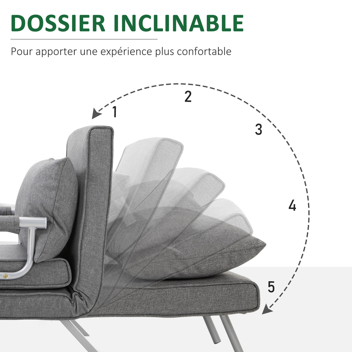 Fauteuil chauffeuse canapé-lit Convertible 1 Place déhoussable Grand Confort Coussin Pieds accoudoirs métal Lin Gris Clair-3