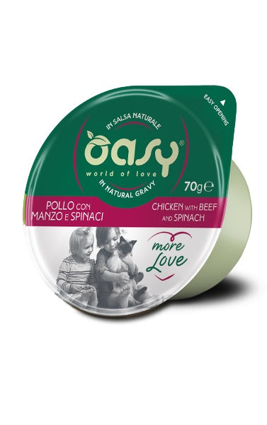 OASY MORE LOVE SALSA NATURALE POLLO, MANZO & SPINACI 70 GR.
