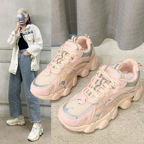 Sneakers donna con suola spessa – beige e rosa