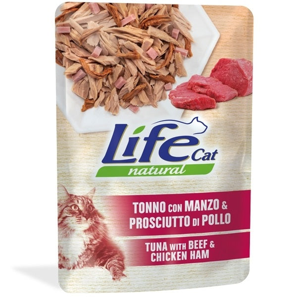 LIFE CAT NATURAL BUSTA TONNO CON MANZO & PROSCIUTTO DI POLLO 70 GR.
