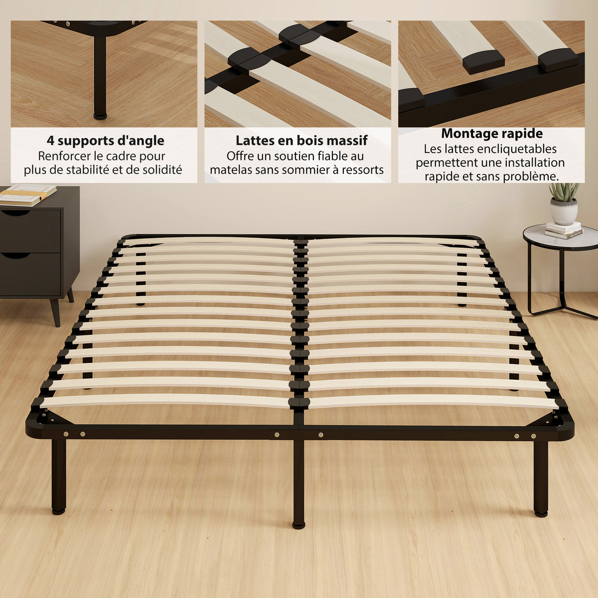 Cadre de lit 160 x 190 cm, lit 2 personnes en bois massif avec sommier à lattes et pied, rangement au-dessous, noir-5