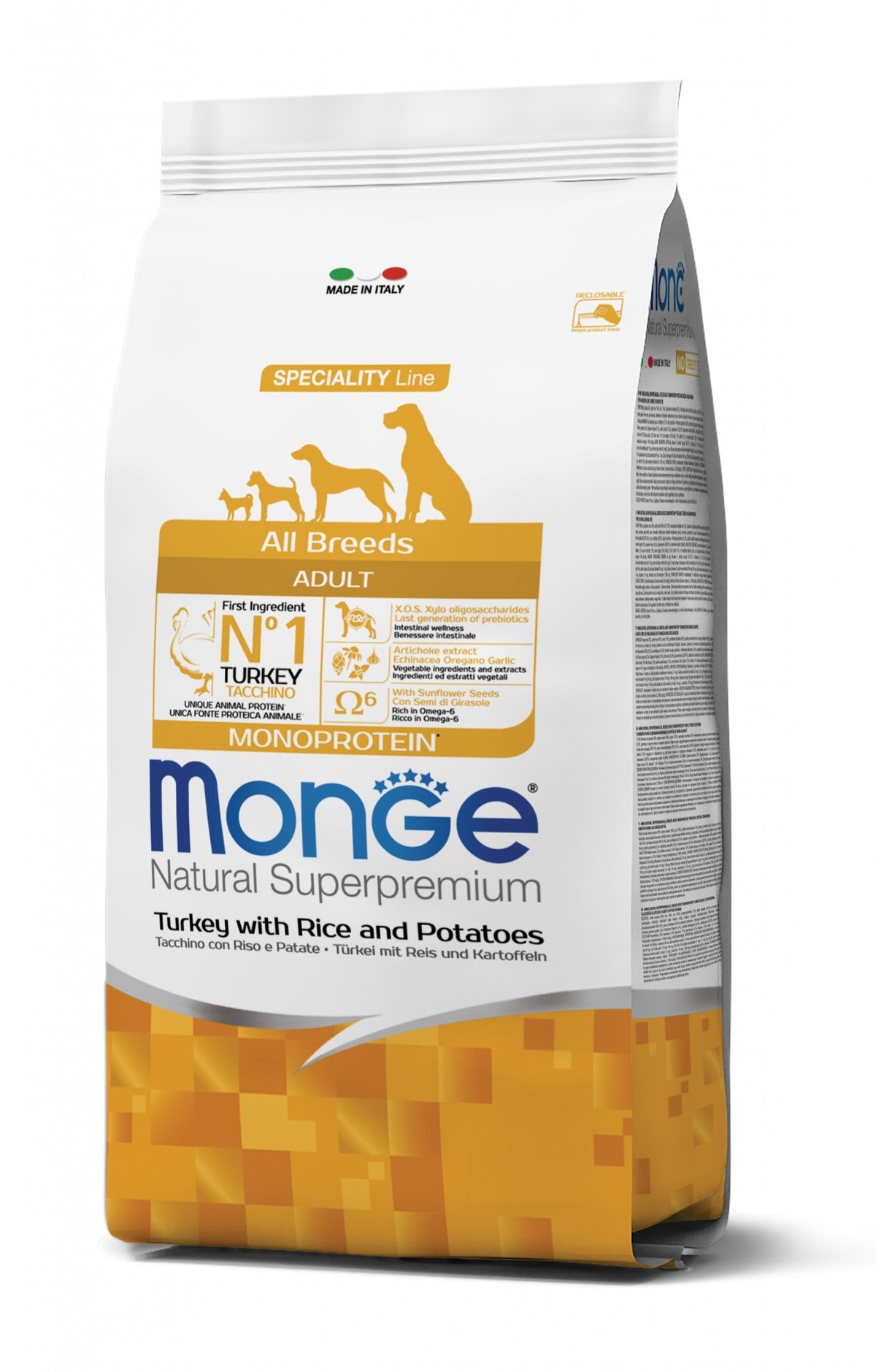 MONGE SPECIALITY LINE ADULT ALL BREEDS TACCHINO, RISO & PATATE 2,5 KG.