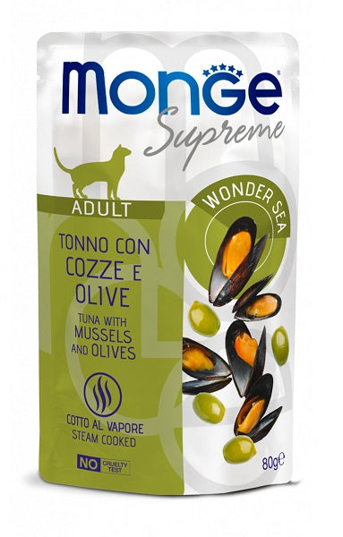 MONGE SUPREME BUSTE ADULT TONNO, COZZA & OLIVE 80 GR.