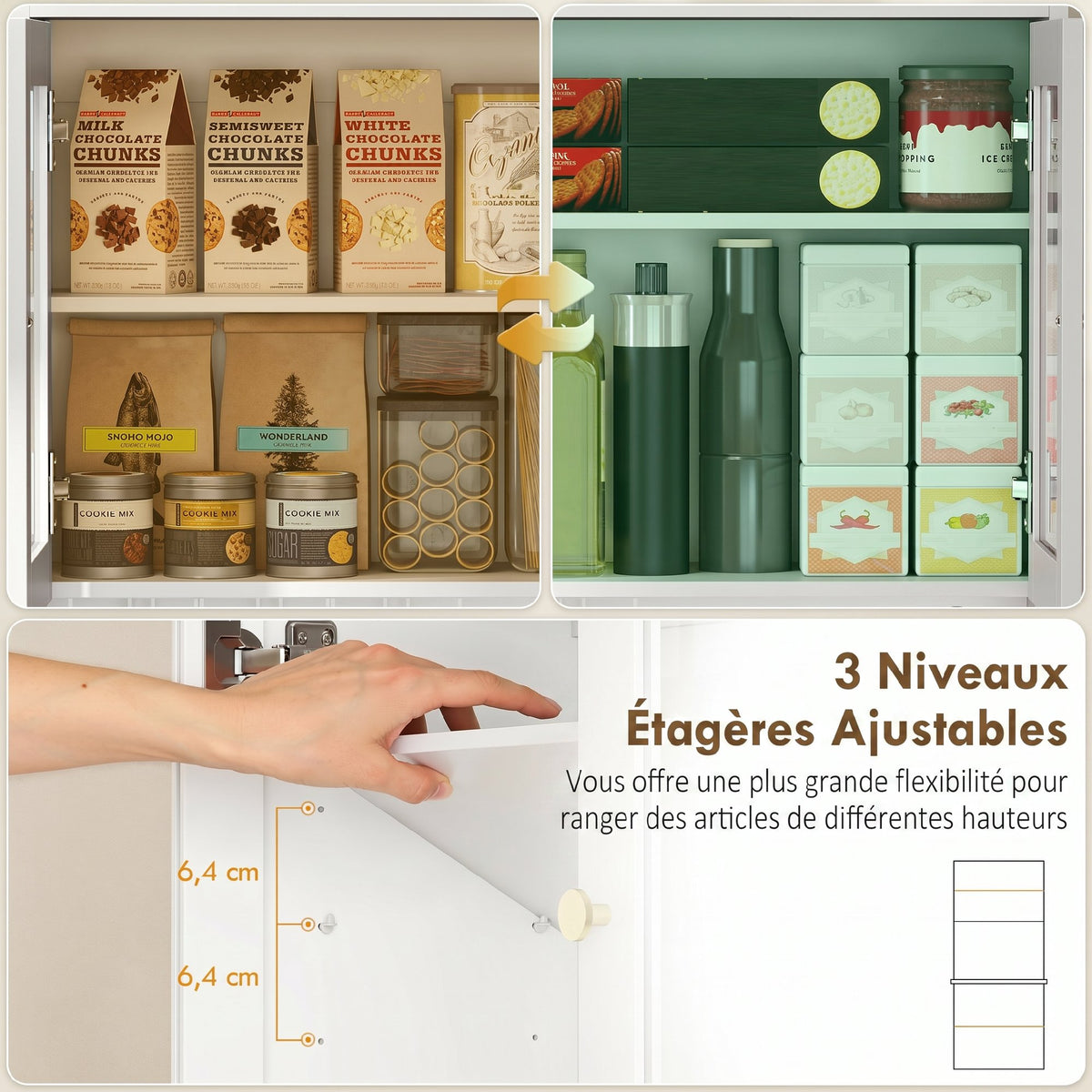 Buffet Haut Cuisine, Armoire de Cuisine, 4 Portes, Tiroir, Plan de Travail et Étagères Réglables, Blanc-5