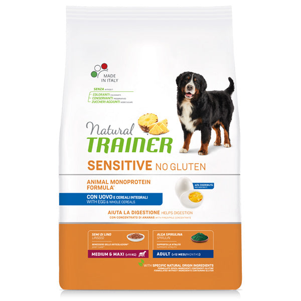 NATURAL TRAINER SENSITIVE ADULT MEDIUM/MAXI UOVO & CEREALI INTEGRALI 12 KG.