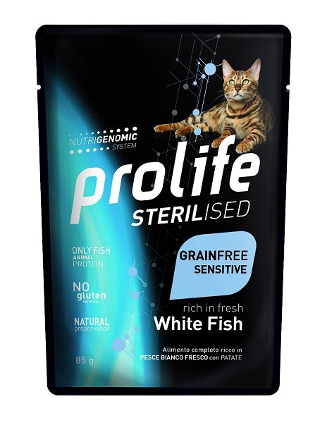 PROLIFE CAT STERILISED GRAIN FREE SENSITIVE PESCE BIANCO 85 GR.